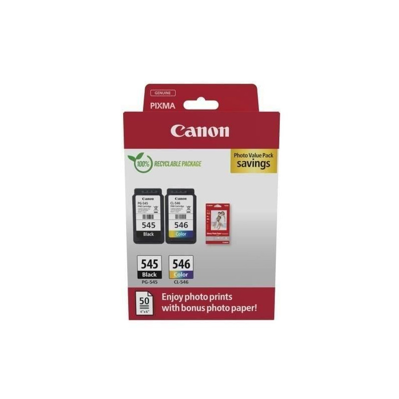 Pack of 2 ink cartridges + photo paper pack - CANON - PG-545 Black + C