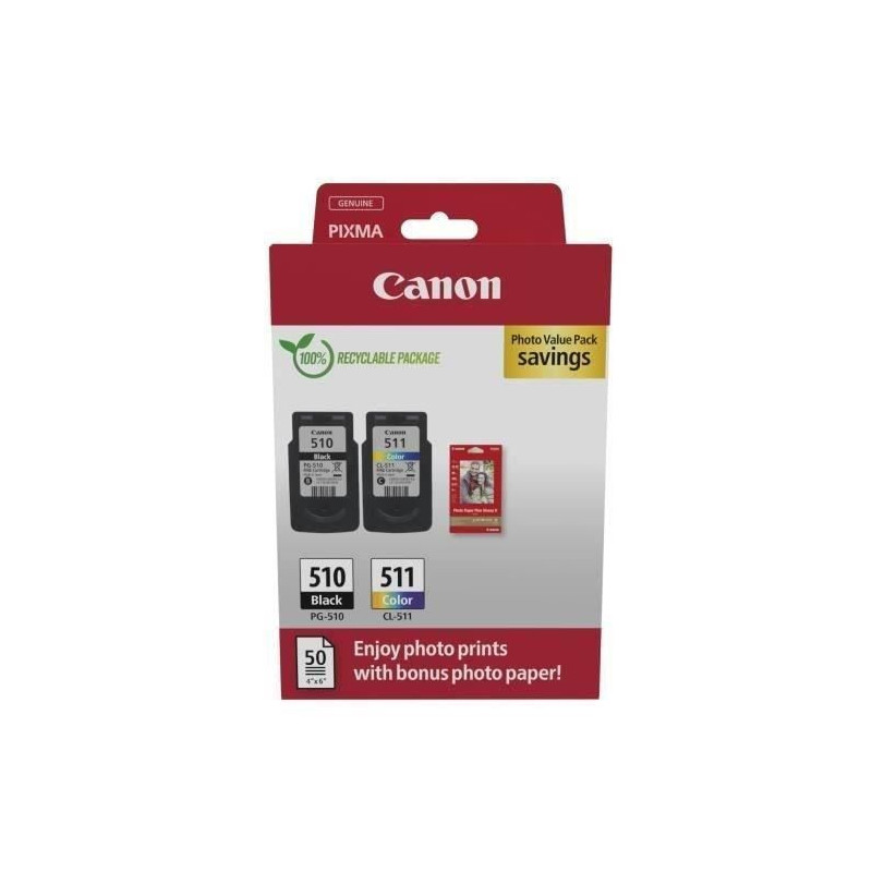 Pack of 2 ink cartridges + photo paper pack - CANON - PG-510 Black + C