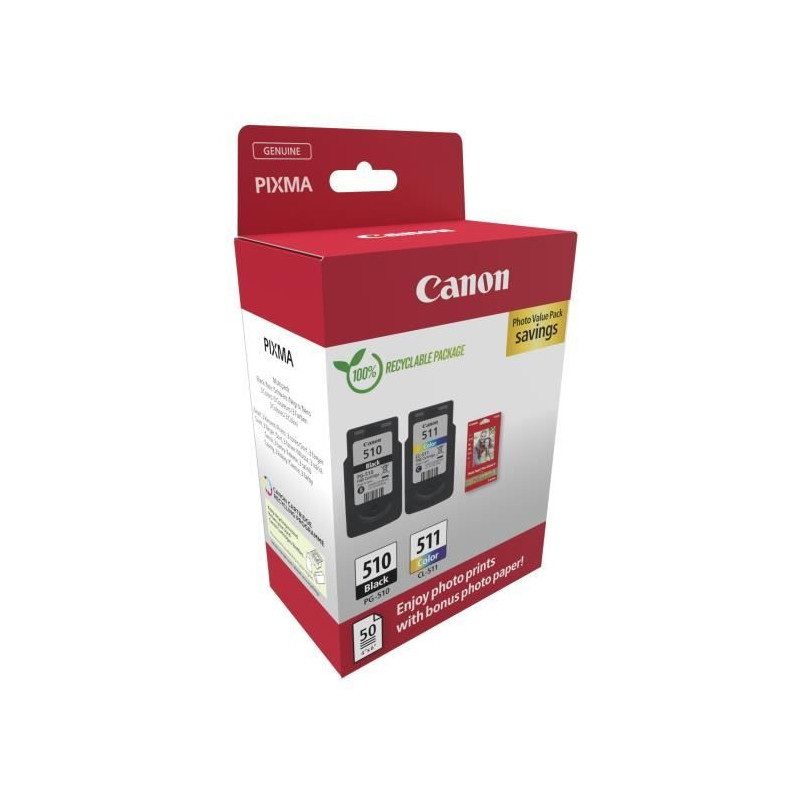 Pack of 2 ink cartridges + photo paper pack - CANON - PG-510 Black + C