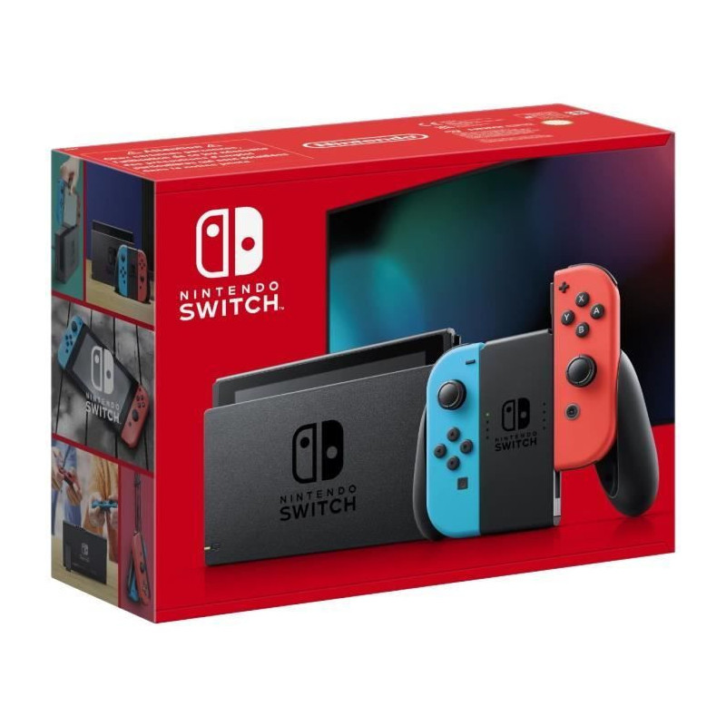 Nintendo Switch console with a neon red joy-con and a neon blue joy-co