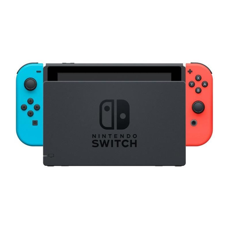 Nintendo Switch console with a neon red joy-con and a neon blue joy-co