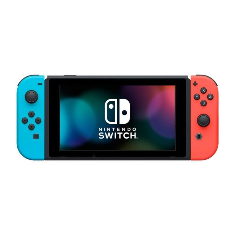 Nintendo Switch console with a neon red joy-con and a neon blue joy-co