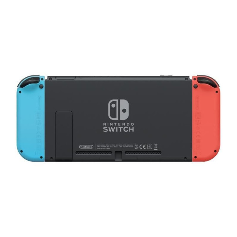 Nintendo Switch console with a neon red joy-con and a neon blue joy-co
