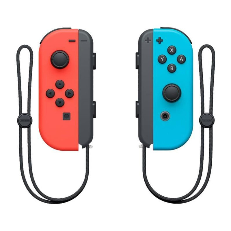Nintendo Switch console with a neon red joy-con and a neon blue joy-co