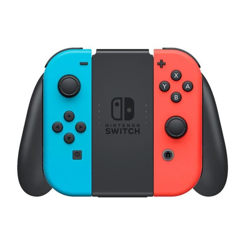 Nintendo Switch console with a neon red joy-con and a neon blue joy-co