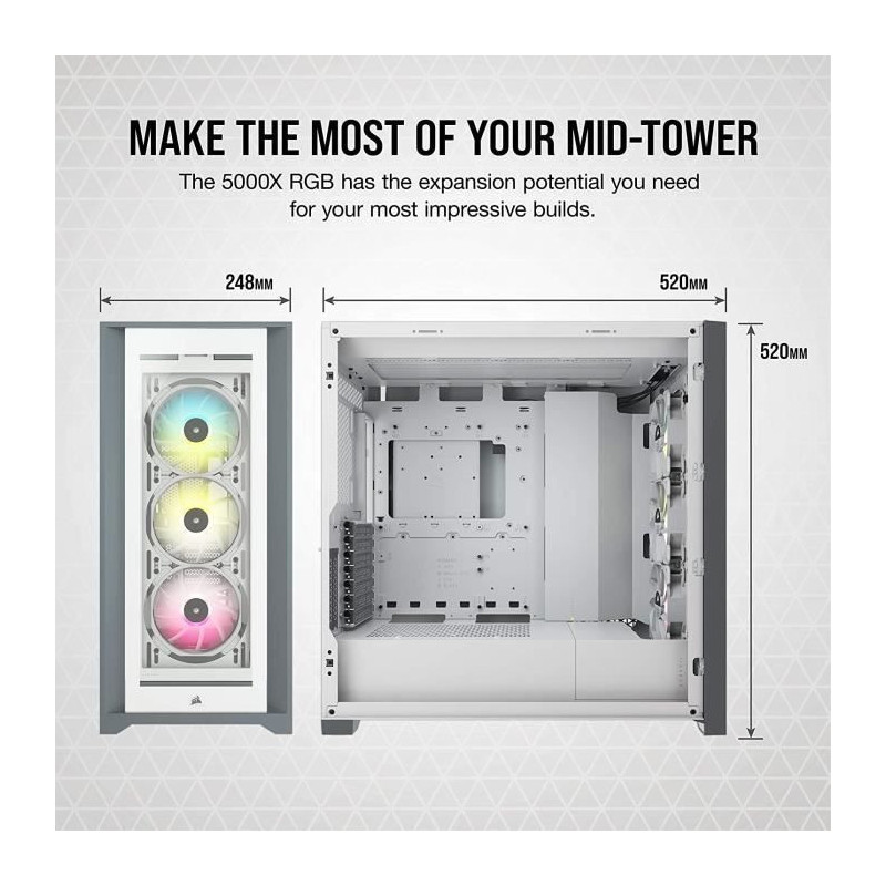CORSAIR iCUE 5000X RGB PC Case - ATX Mid Tower Tempered Glass - White