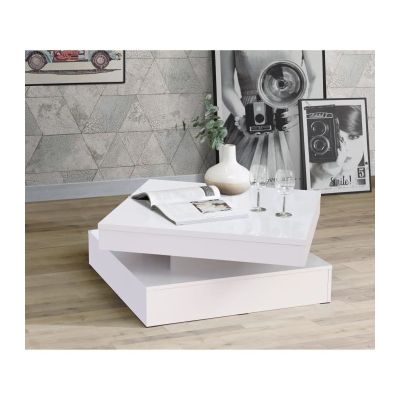 Coffee table with rotating top - Square glossy white - 78 x 78 x 36 cm