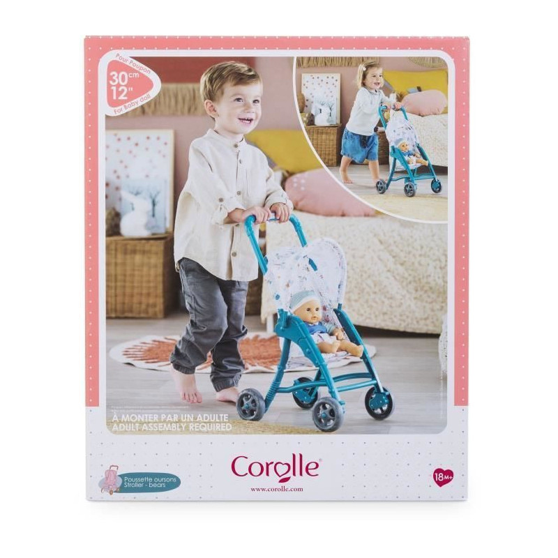 Teddy bear stroller - COROLLE - 30cm baby doll accessory - Blue - Ligh