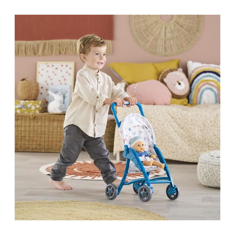 Teddy bear stroller - COROLLE - 30cm baby doll accessory - Blue - Ligh