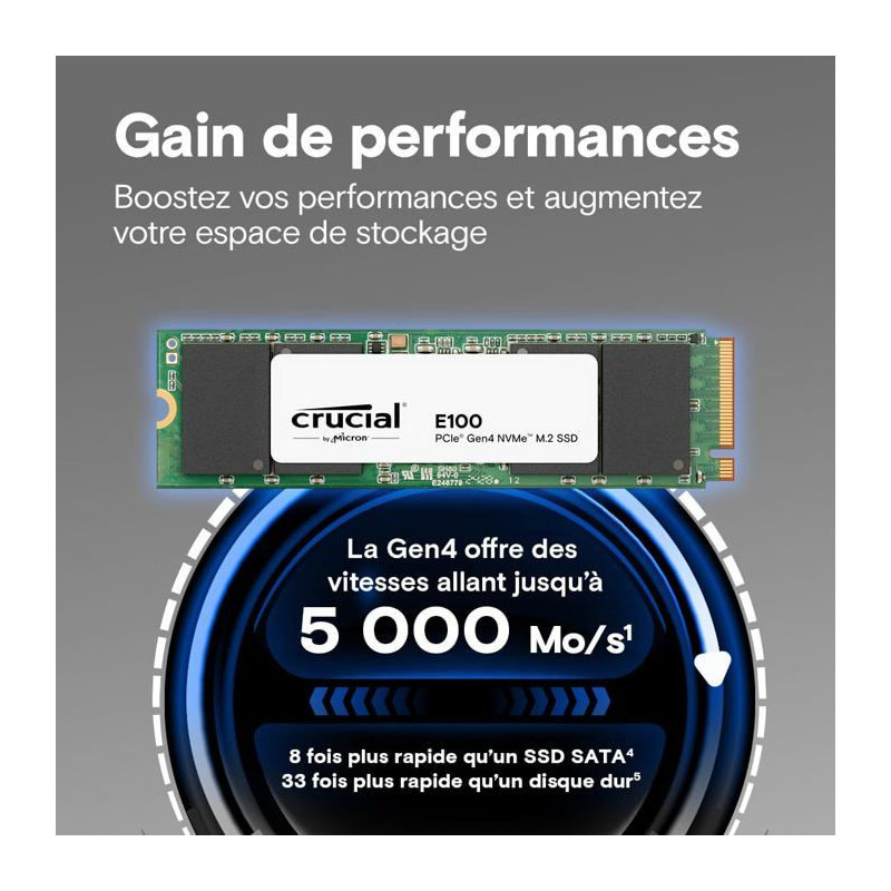 Internal SSD - CRUCIAL - E100 - 480 GB - PCIe Gen4 NVMe M.2 - Up to 47