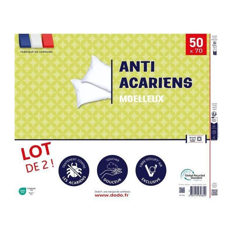 Set of 2 anti-mite pillows 50x70 cm - 100% Polyester - DODO