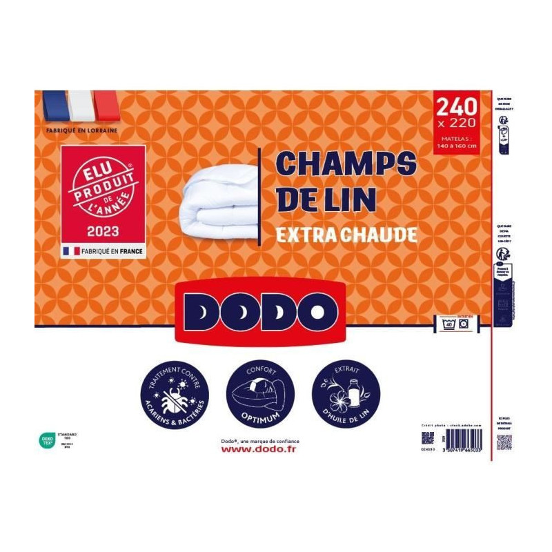 Duvet 220x240 cm DODO CHAMPS DE LIN - Warm - 450G/m² - Duvet for 2 pe