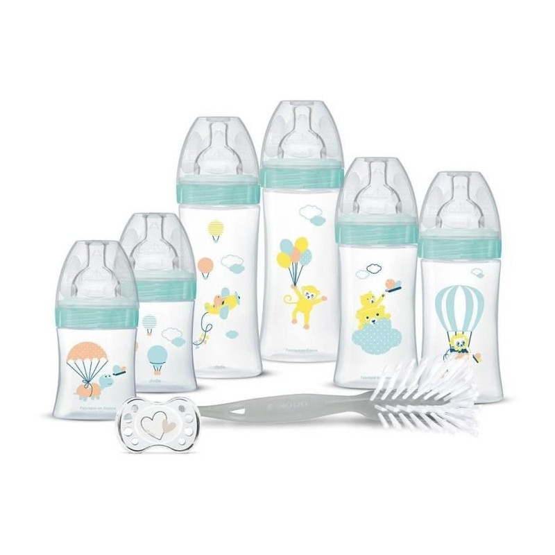Dodie Birth Kit - 6 Anti-Colic Bottles, Flat Teats, 1 Anatomical Pacif
