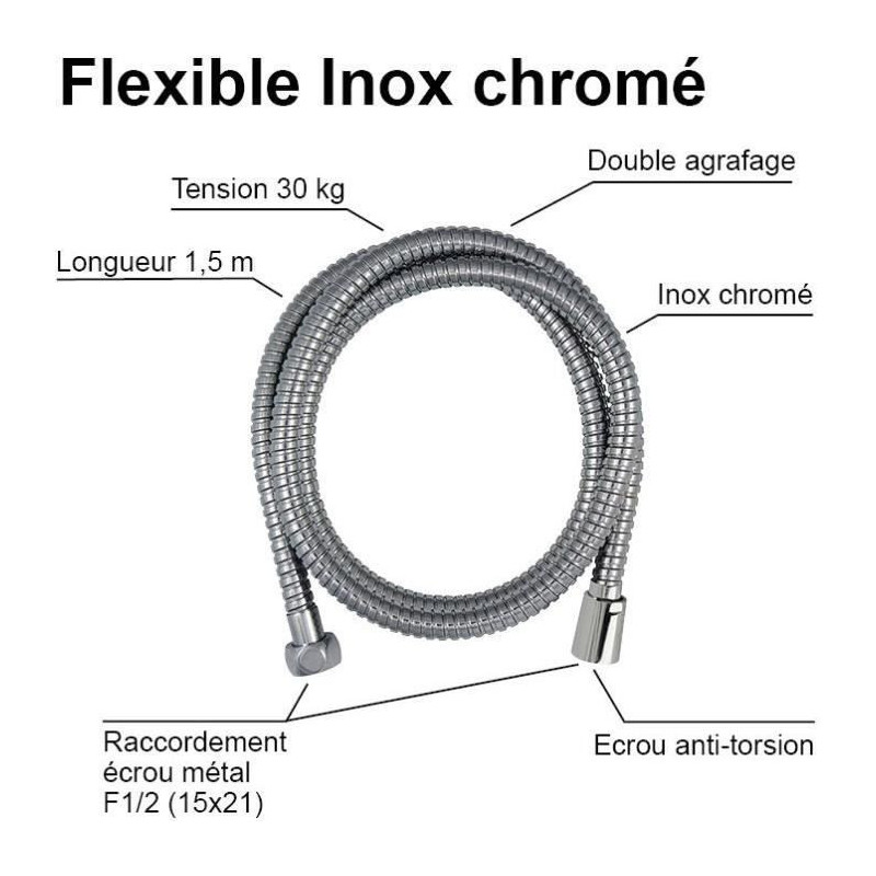 Shower hose - ROUSSEAU - Anti-twist metal nuts - Flow reducer - Length