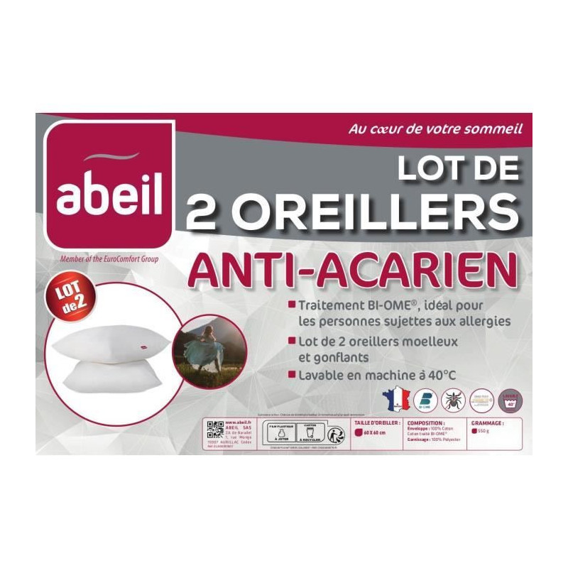 Set of 2 anti -acarian pillows - 60 x 60 cm - 100% Bioma treated cotto