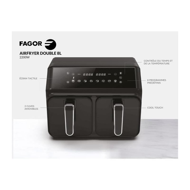 Airfryer 8L - FAGOR - Oil-free fryer 2 4L tanks - 2200W - 8 programs -