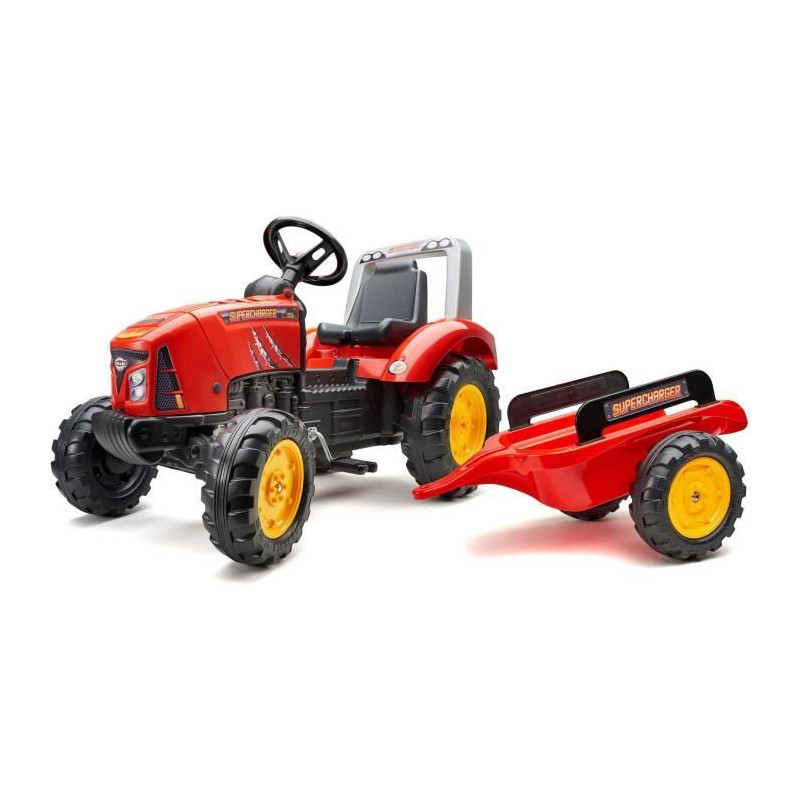 FALK - Supercharger red pedal tractor with opening hood and trailer in