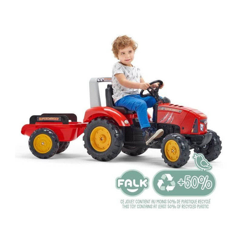 FALK - Supercharger red pedal tractor with opening hood and trailer in