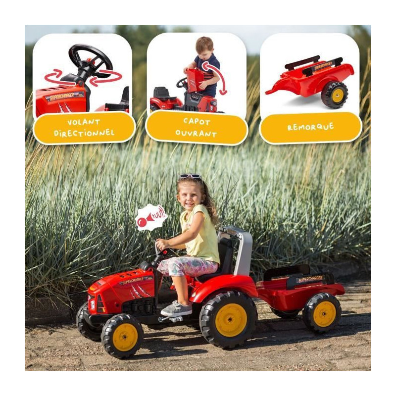 FALK - Supercharger red pedal tractor with opening hood and trailer in
