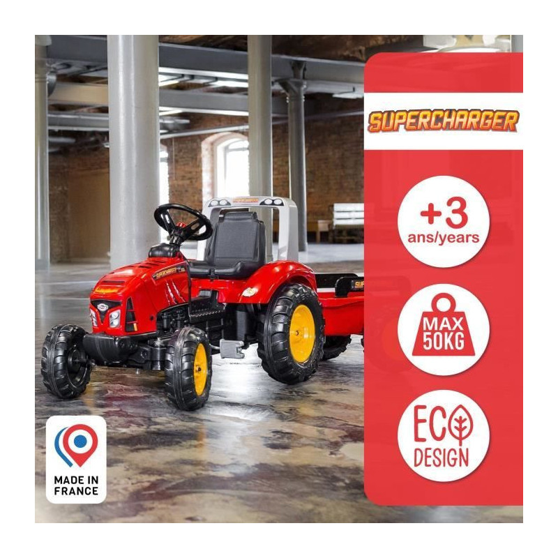FALK - Supercharger red pedal tractor with opening hood and trailer in