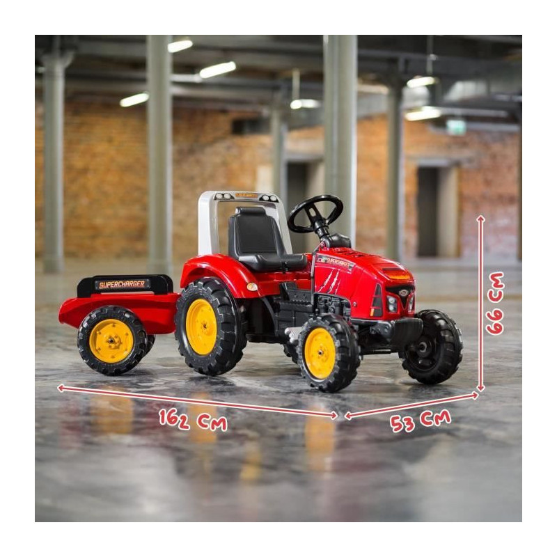 FALK - Supercharger red pedal tractor with opening hood and trailer in