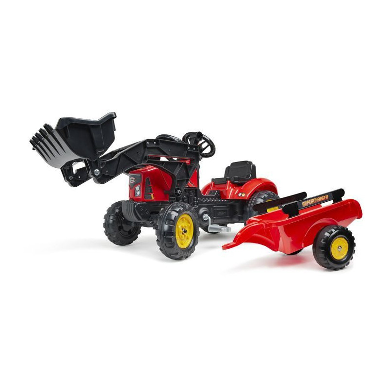 Red Supercharger pedal tractor with opening hood and trailer