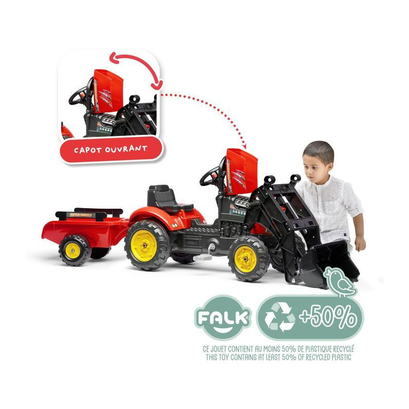 Red Supercharger pedal tractor with opening hood and trailer