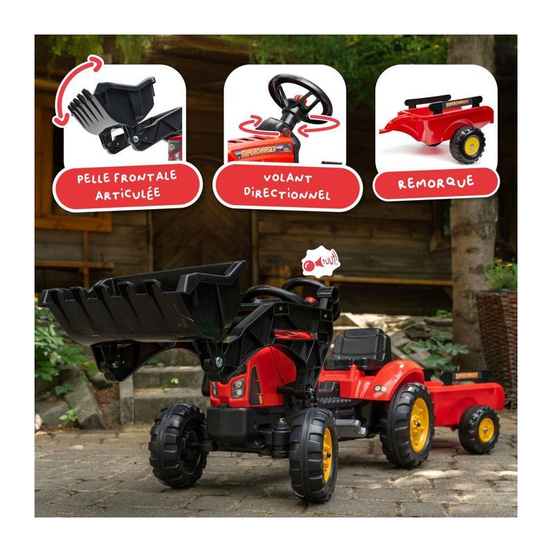 Red Supercharger pedal tractor with opening hood and trailer