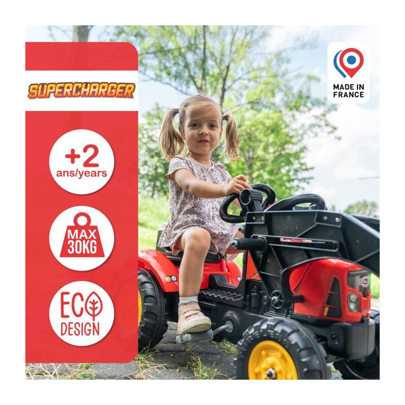 Red Supercharger pedal tractor with opening hood and trailer