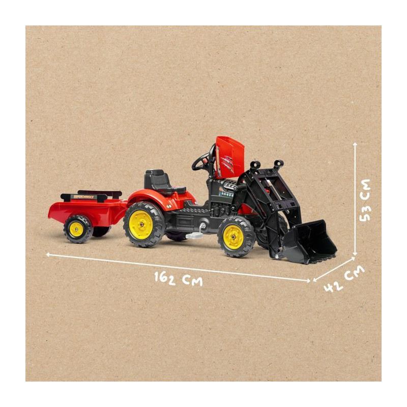 Red Supercharger pedal tractor with opening hood and trailer