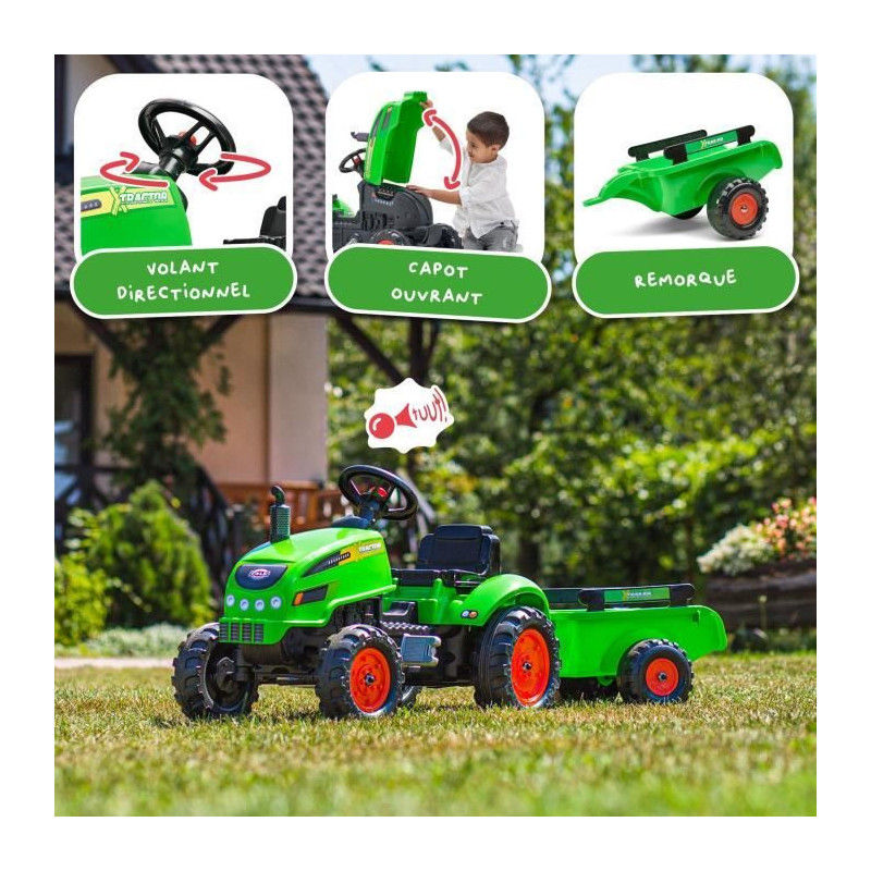 FALK - X Tractor Green Pedal Tractor w / Hood and Trailer Included