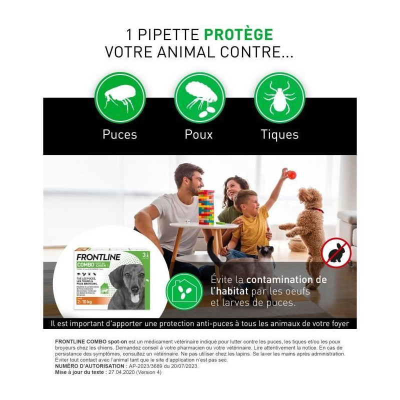 FRONTLINE 3 COMBO Antiparasitic Pipettes for Dogs - 2 to 10 kg - Fleas