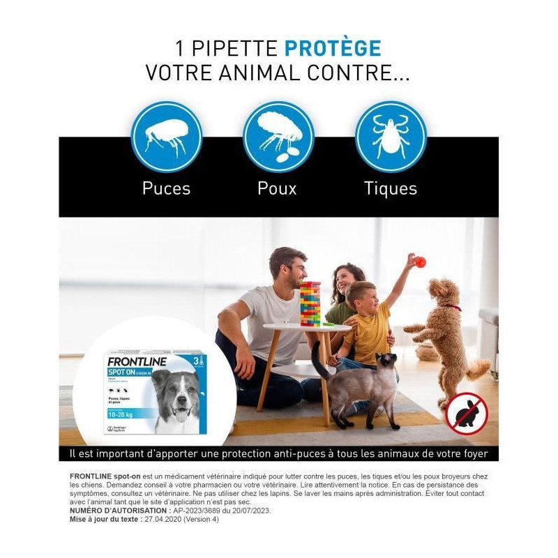 FRONTLINE 3 SPOT ON Antiparasitic Pipettes for Dogs - 10 to 20 kg - Fl