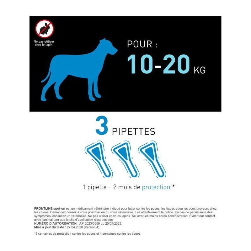 FRONTLINE 3 SPOT ON Antiparasitic Pipettes for Dogs - 10 to 20 kg - Fl