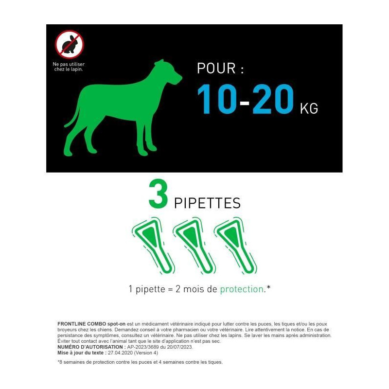 FRONTLINE 3 Antiparasitic pipettes COMBO Dog - 10 to 20 kg - Fleas, ti