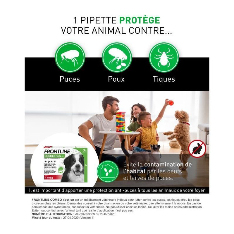 FRONTLINE 3 Antiparasitic pipettes COMBO Dog 40 kg - Fleas, ticks, che