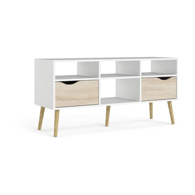 TV cabinet - 4 niches 2 drawers - White / Oak - 117.2 x 39.1 x 57.4 cm