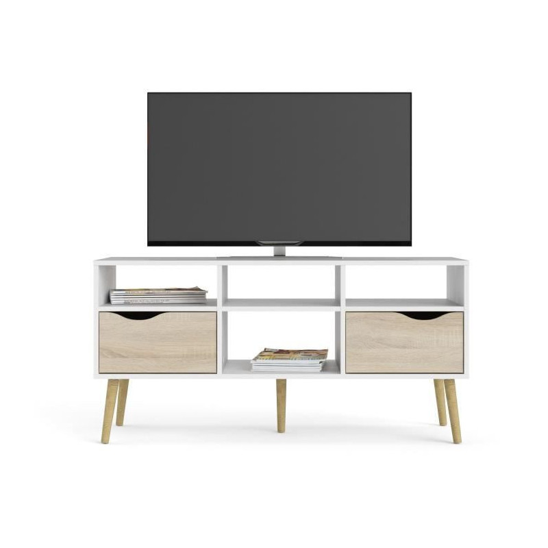 TV cabinet - 4 niches 2 drawers - White / Oak - 117.2 x 39.1 x 57.4 cm
