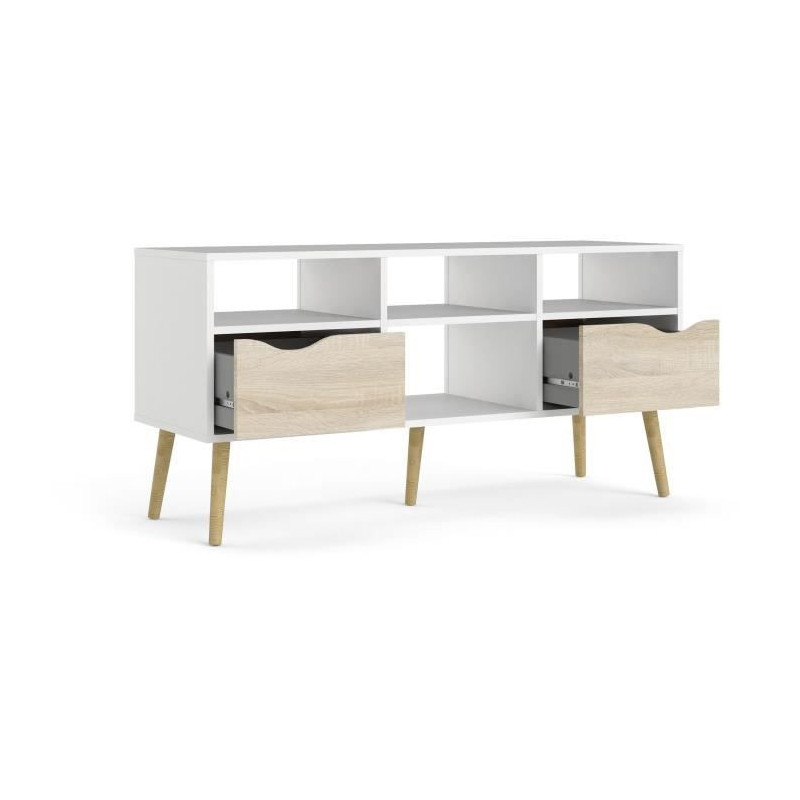 TV cabinet - 4 niches 2 drawers - White / Oak - 117.2 x 39.1 x 57.4 cm