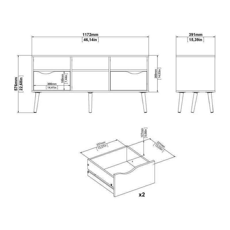 TV cabinet - 4 niches 2 drawers - White / Oak - 117.2 x 39.1 x 57.4 cm