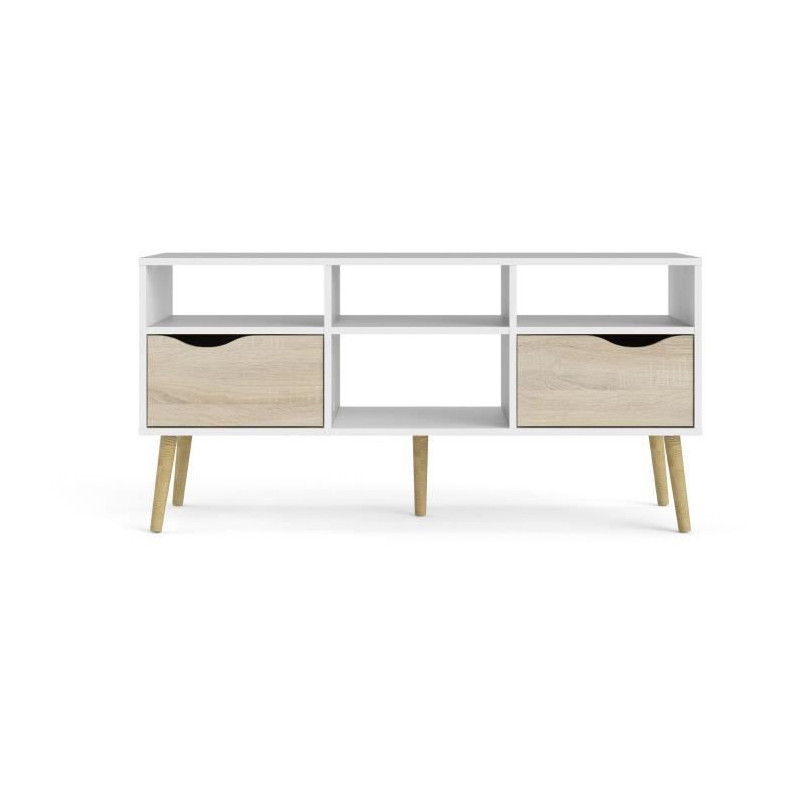TV cabinet - 4 niches 2 drawers - White / Oak - 117.2 x 39.1 x 57.4 cm