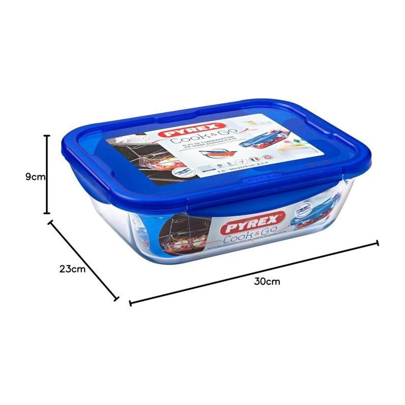 PYREX COOK & GO Rectangular preservation dish 3,3l 30x23cm + Blue lid