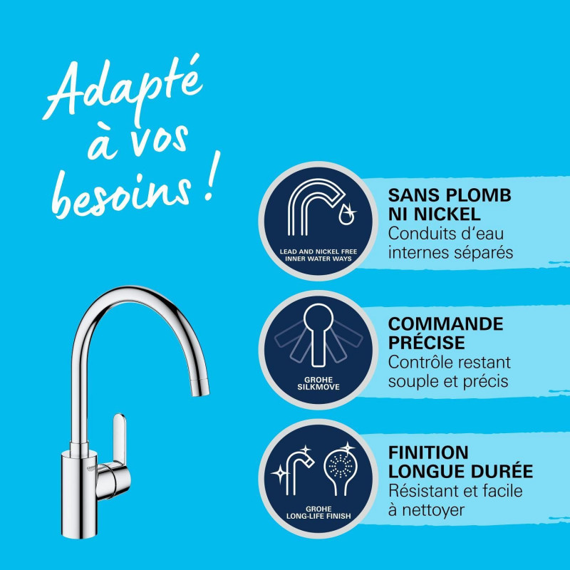 Kitchen faucet - Chrome - C-spout - High spout - 150° rotation - GROH
