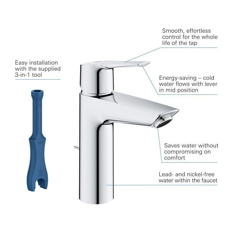 GROHE single lever sink mixer - Size M - Chrome - Water saving - 5 yea