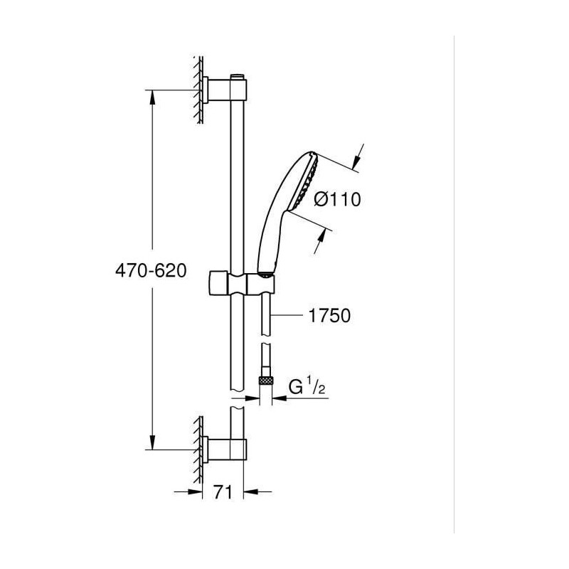 Shower set with 1 jet shower head, 60cm bar and 1.75m flexible hose -