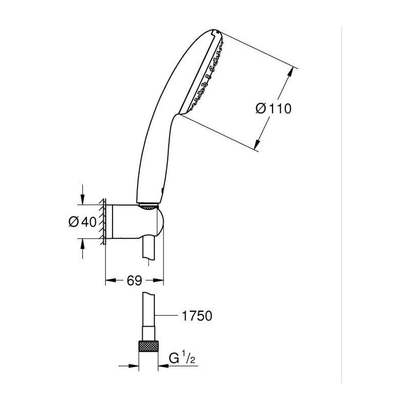 Shower set with 1 jet Rain shower head, holder and 1.75m hose - GROHE
