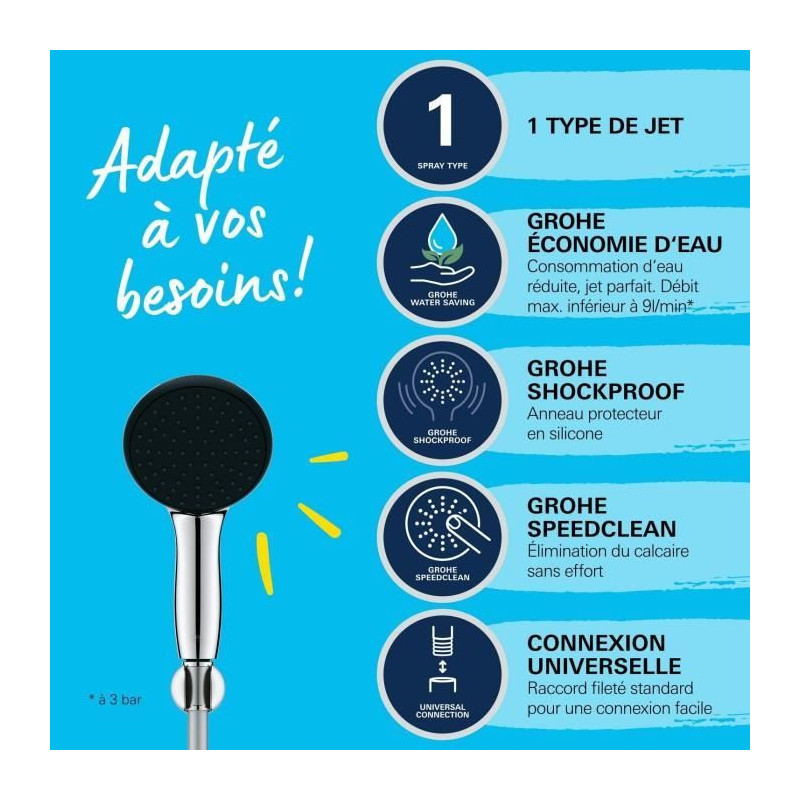 Shower set with 1 jet Rain shower head, holder and 1.75m hose - GROHE