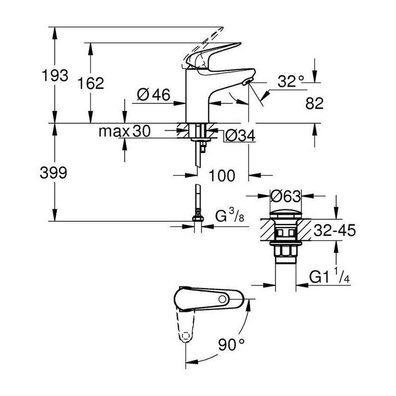 Single-lever basin mixer - GROHE Swift - 24323001 - Chrome - Size S -