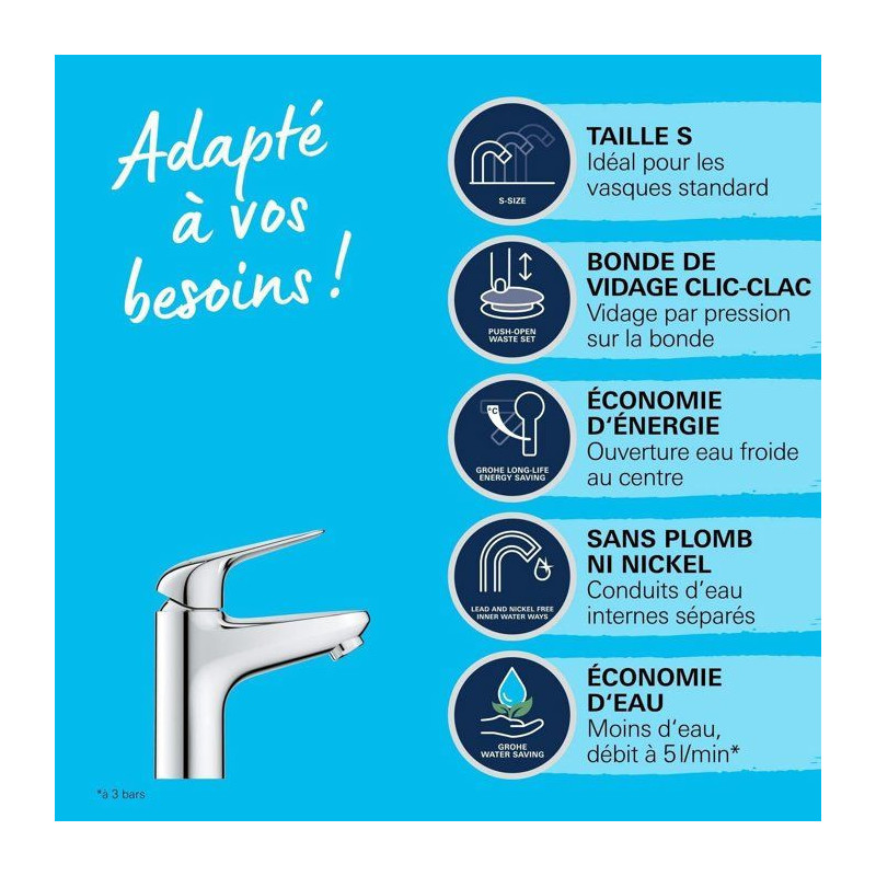 Single-lever basin mixer - GROHE Swift - 24323001 - Chrome - Size S -