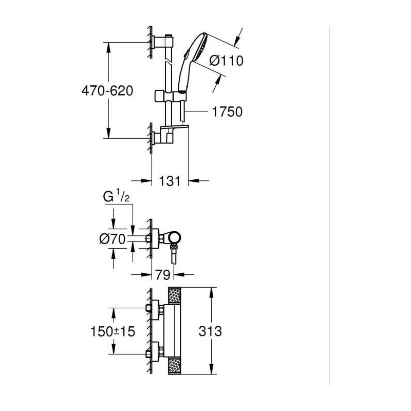 Shower set with thermostatic mixer, 3-jet shower head, 60cm bar and fl